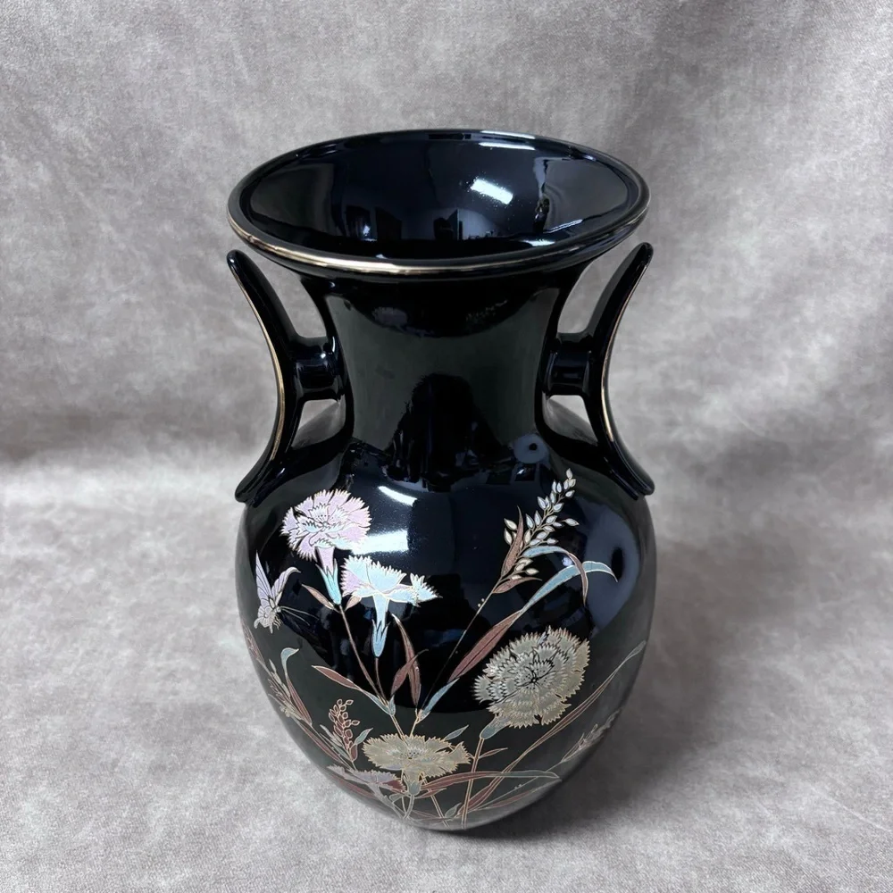 Vintage Made in Japan Black Mini Vase with Hand Painted Flowers *STUNNING*